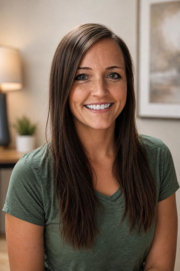 Smiling woman with long brown hair indoors.