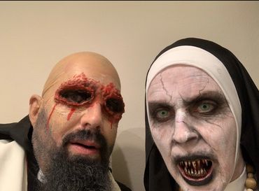 Close up on make-up we melted plastic pellets and used fake fingernails to make her teeth, I rememb