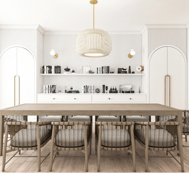 Modern dining room with wicker chairs and a wooden table under a pendant light.