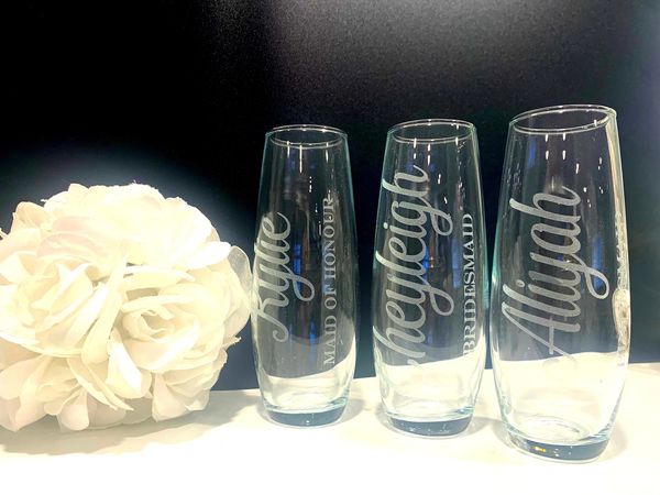 Custom Tall Stemless Wedding Wine Glasses or Toasting Flutes laser engraved with your wedding party e