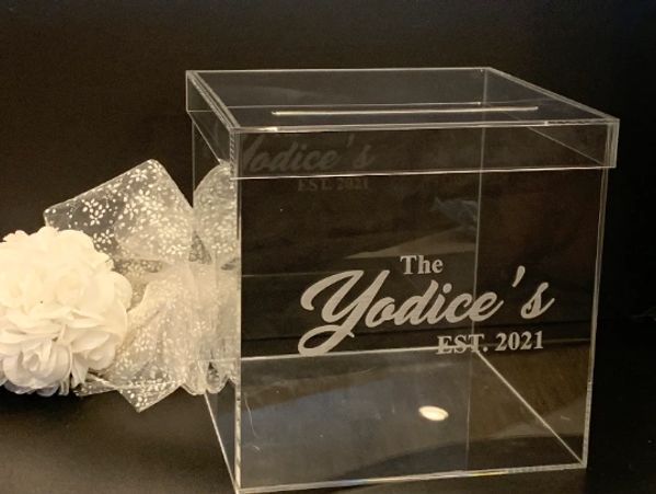 Custom engraved large acrylic card drop box for your wedding cards