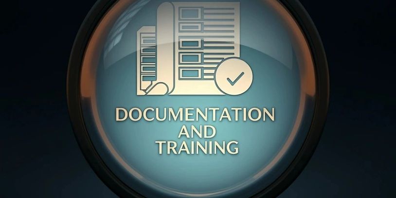 Glossy button with documentation and training icon and text.