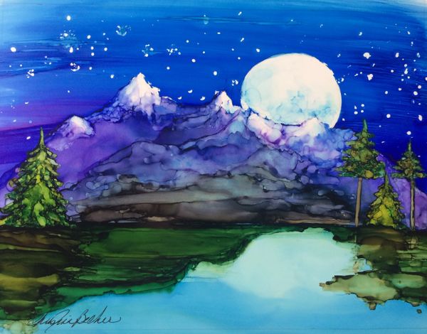 Alcohol ink painting on yupo paper, orange flower, modern art, home decor, mountains, full moon