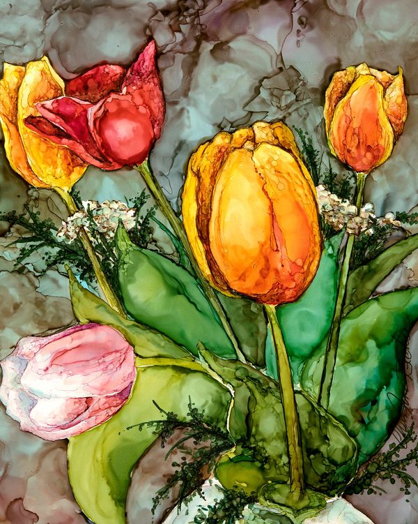 alcohol ink painting on yupo paper, fine art, tulip painting, red yellow pink tulips, giclee print