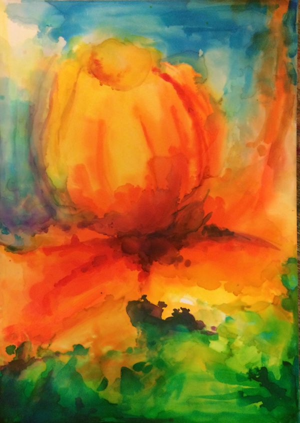 Alcohol ink painting, orange flower, modern art, painting on yupo paper, home decor