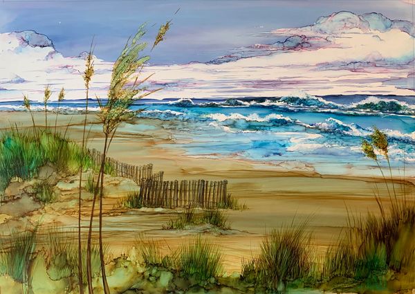 Alcohol ink painting, beach, sea oats, beach fence, modern art, painting on yupo paper, home decor