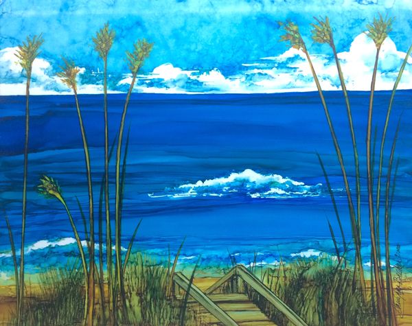 Alcohol ink painting, beach, sea oats, modern art, painting on yupo paper, home decor