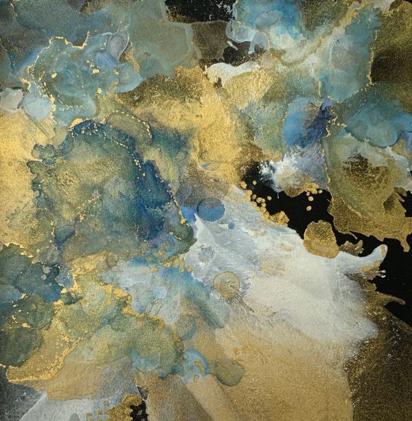 Alcohol ink painting, abstract art, modern art, painting on yupo paper, flow painting, blue, gold