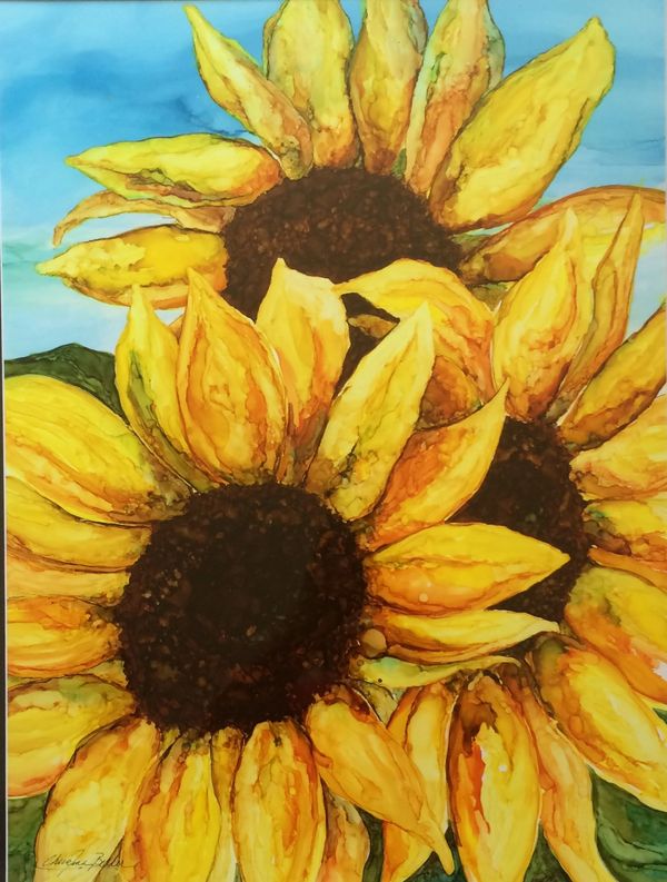 Alcohol ink painting, flower, yellow sunflower, modern art, painting on yupo paper, home decor