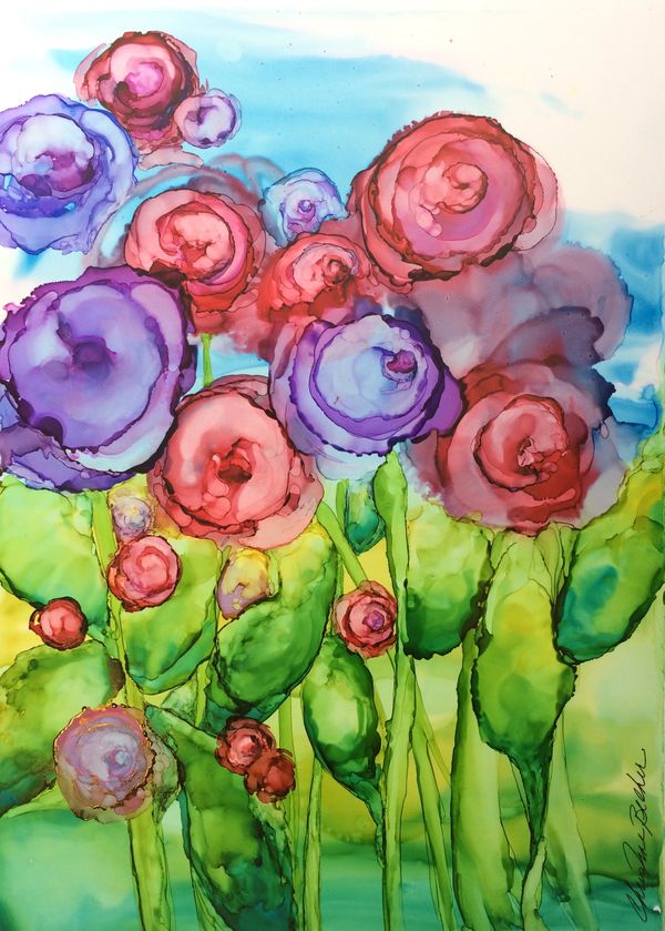 Alcohol ink painting, red and purple flower, poppies, modern art, painting on yupo paper, home decor