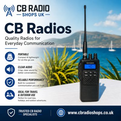 Handheld CB radio with compact, rugged design, ideal for mobile and portable use. Clear display, eas