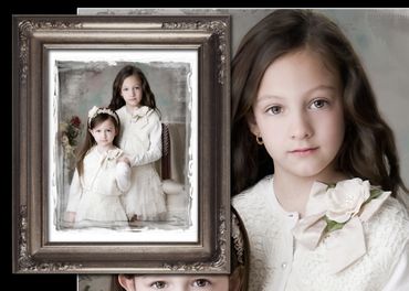 close up detail of fine art painted portrait of 2 girls