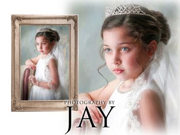 close up detail of fine art painted portrait of first communion girl