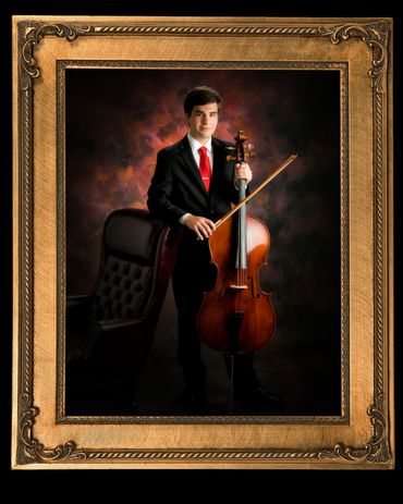 fine art painted portrait of young man and cello