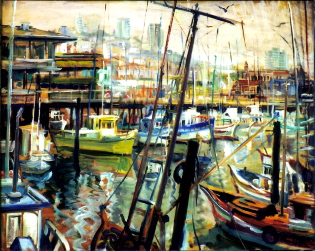 Colorful boats docked at a busy harbor with reflections on the water.