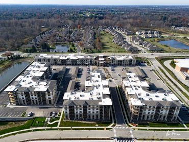 Aerial photo taken by Heartland Perspectives Media of an apartment complex in Carmel, IN