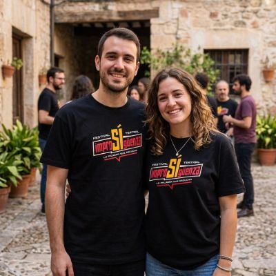 Pareja sonriente con camisetas negras en un evento al aire libre.