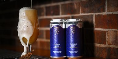 Foamy craft beer poured in a glass beside two cans against a brick wall.