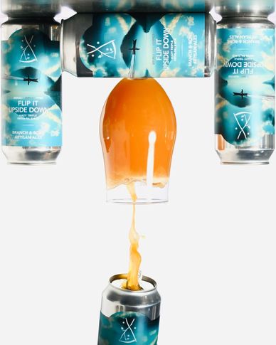 Beer cans with a glass of beer pouring out upside down in the center.
