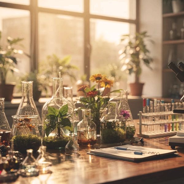 Sunlit laboratory table with plants in glass containers and scientific equipment.