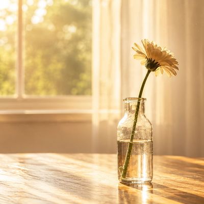Single flower in a glass bottle on a wooden table.