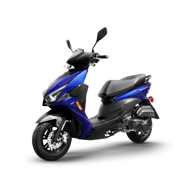 A sleek blue and black scooter on a white background.