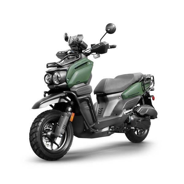 Green and black rugged scooter with dual headlights and sturdy tires.