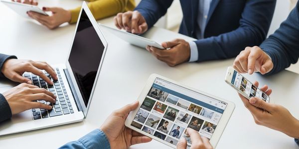 People using various digital devices in a business meeting.