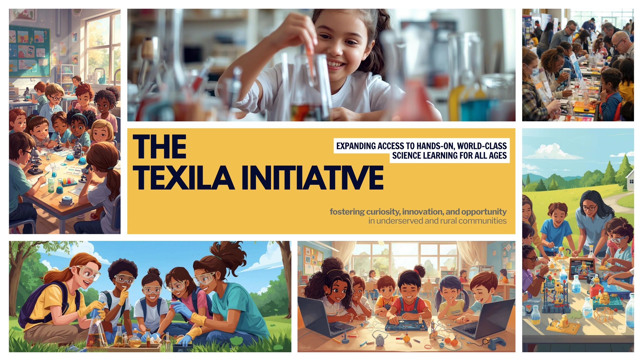 Collage of children engaged in science learning activities promoting The Texila Initiative.