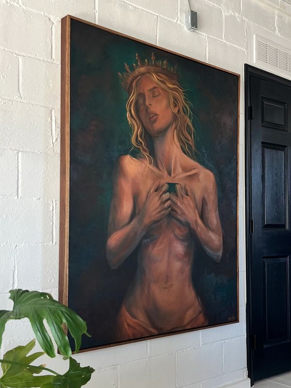 Painting of a crowned woman with closed eyes, holding her chest.