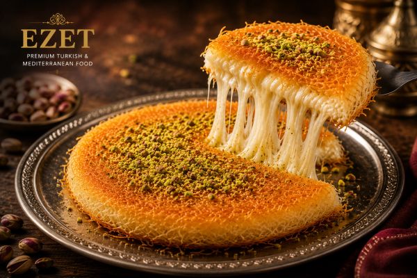 Turkish kunefe dessert with melted cheese and pistachio topping.