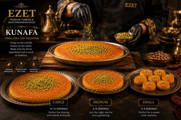 Three sizes of traditional Turkish Kunafa topped with pistachios, presented on elegant plates.