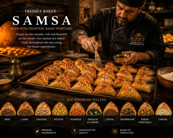 Chef preparing freshly baked samsa with various fillings in a warm kitchen.
