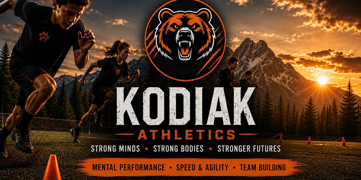 Athletes sprinting with Kodiak Athletics logo and motivational phrases.