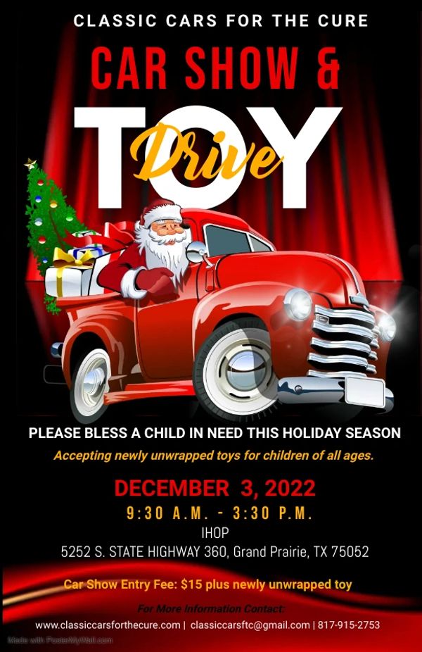 Classic Cars for the Cure Toy Drive car show with Santa in a red truck.