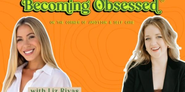 Two women smiling on an orange background promoting 'Becoming Obsessed' podcast.