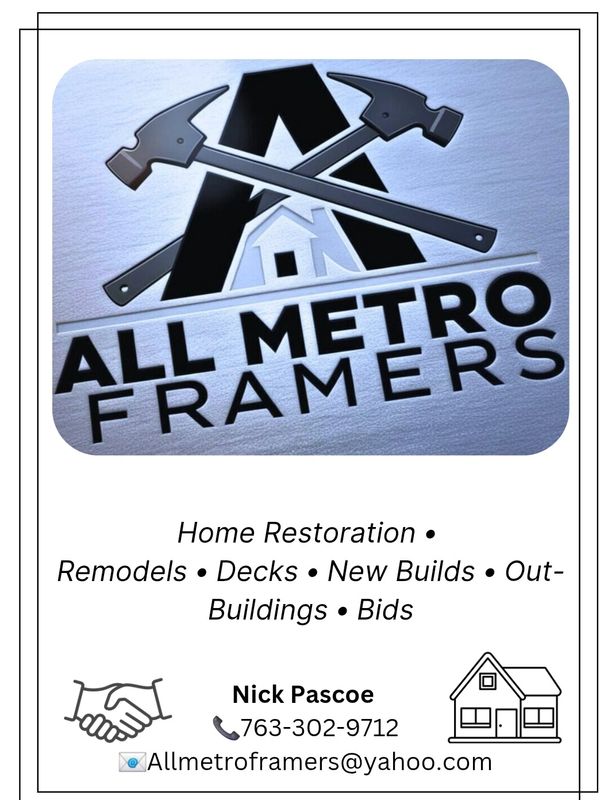 Logo and contact info for All Metro Framers, specializing in home restoration and remodeling.