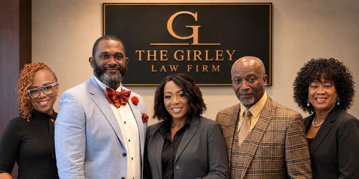 Group portrait of five professionals at The Girley Law Firm.