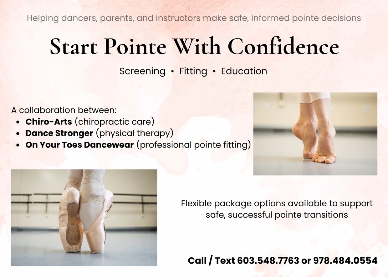 Flyer promoting safe pointe transitions with chiropractic care, physical therapy, and pointe fitting services.