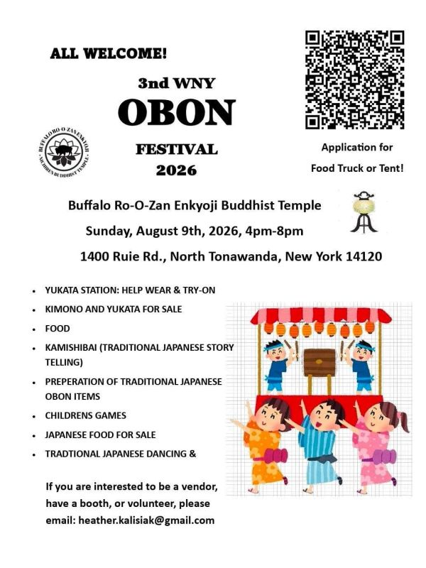 Flyer with details of Obon Festival held on August 9, 2026 at 4 PM at 1400 Ruie Road, North Tonawand