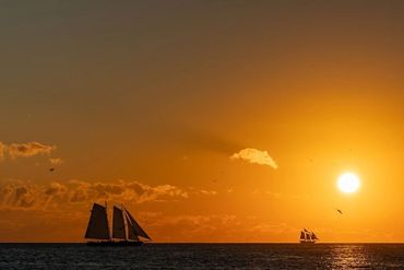 Sailboats glide across the ocean at sunset with a glowing orange sky.