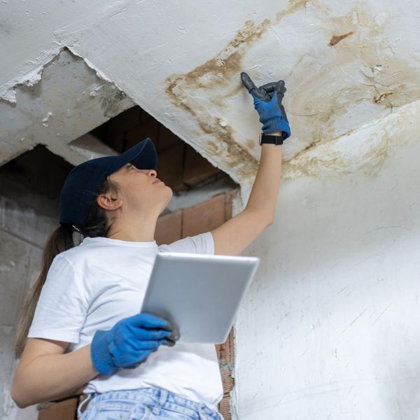 Young woman inspecting water damaged ceiling.