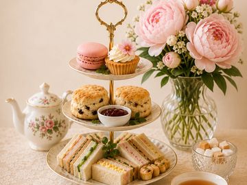 Elegant afternoon tea setup with sweets, sandwiches, and flowers.