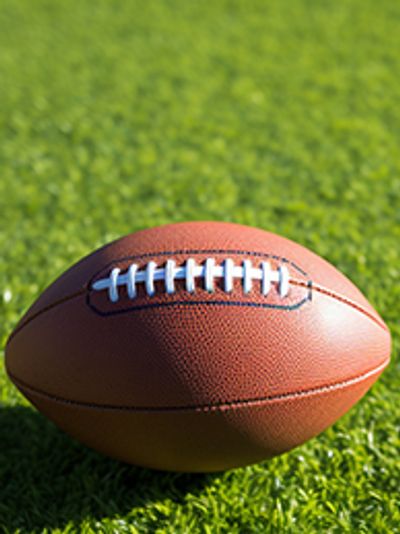 A football resting on green grass under sunlight.