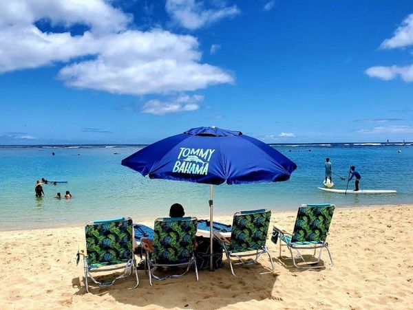 Beach chair rental in waikiki at Surf in the city waikiki beach honolulu Hawaii surfing umbrella
