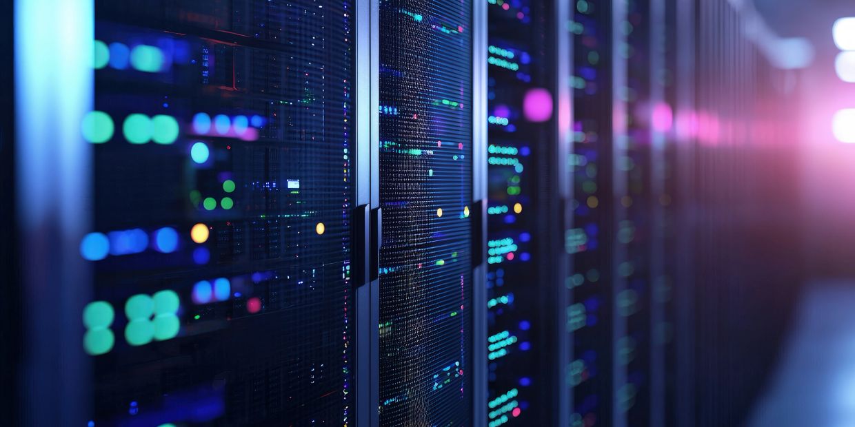 Data servers glowing with colorful lights in a server room.