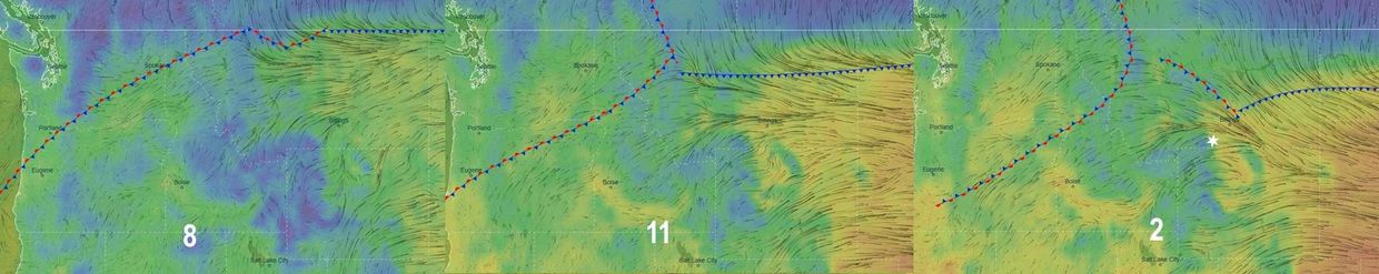 Forecast chart of front locations near the resort hour by hour