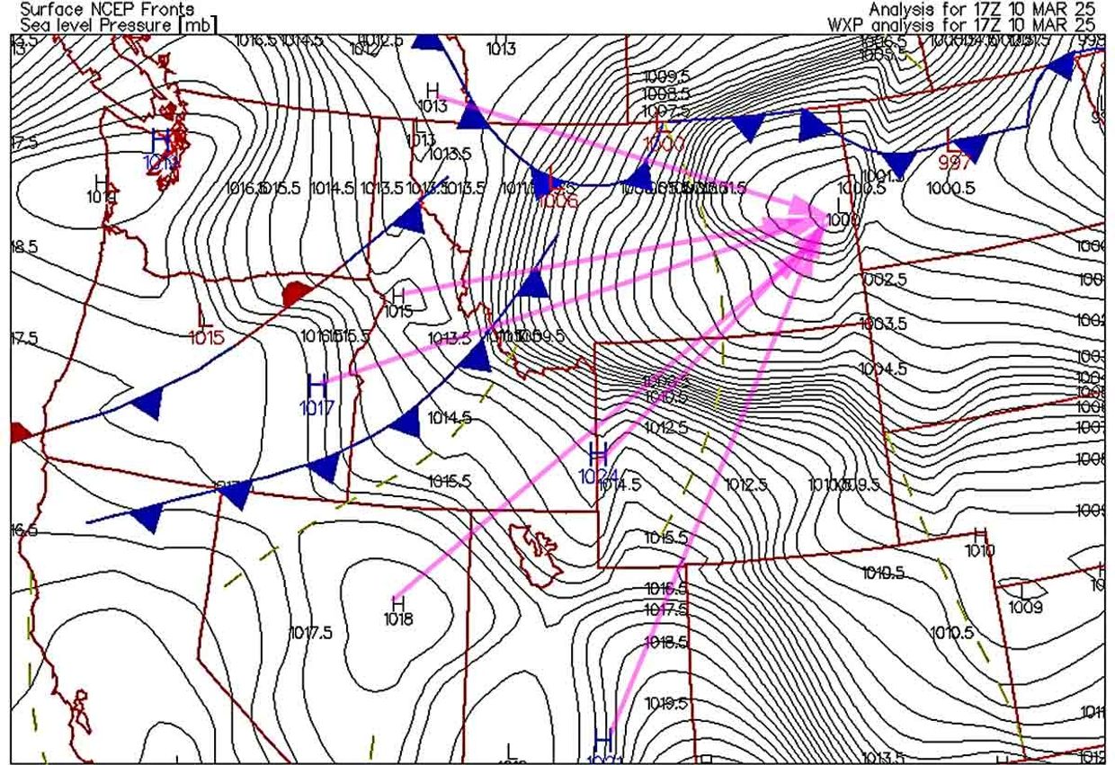 Isobar chart and wind flow lines