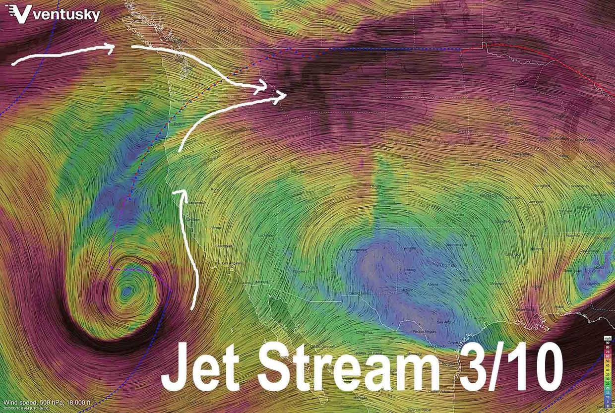 Jet Stream forecast with wind flow and speed lines