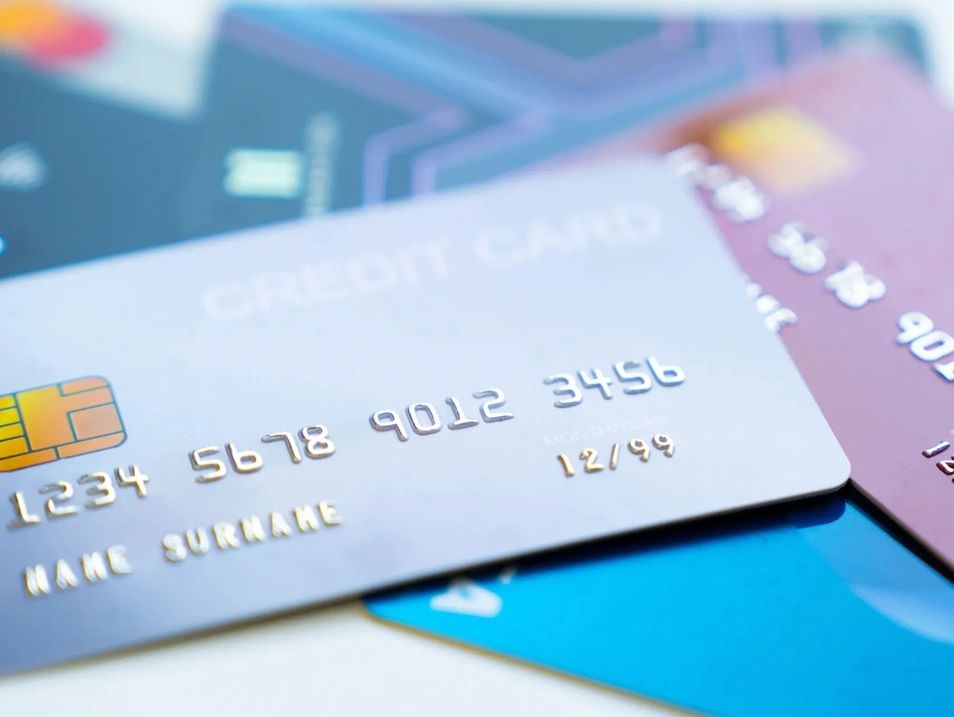 Close-up of credit cards stacked together.